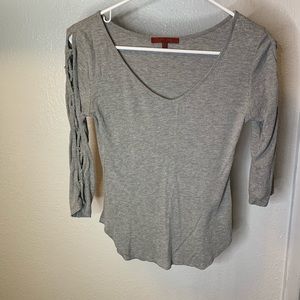 grey baseball sleeve net lace shirt.